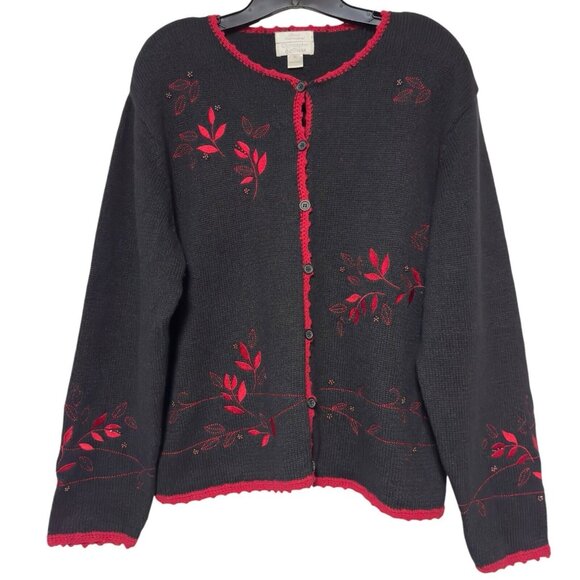 Christopher & Banks Sweaters - Vintage Christopher Banks Hand Embroidered Black Red Sweater Beaded Cardigan XL